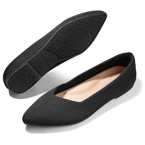 Image of Women Flats Non Slip Work Shoes,Slip-On Pointed Toe Knit Ballet