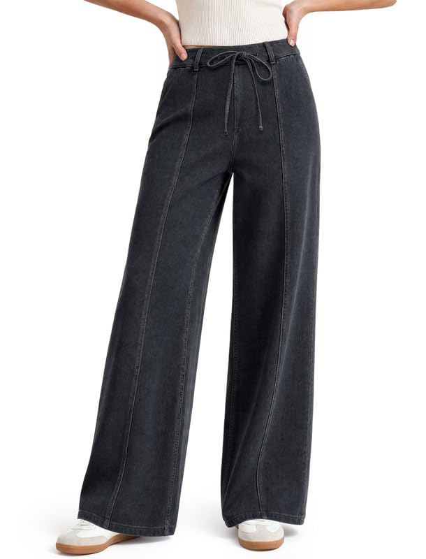 keriffe Women's Wide Leg Jeans Drawstring High Waisted Stretchy Denim Pants - image 1