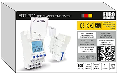 Image of EuroControls Euro EDT-PD1 German Tech - 24 to 265 V AC /DC - LCD Backlit - 50 Programs Daily /Weekly /Pulse /Holiday Modes - Programmable Electronic Timer Switch with Volt Free Output Option