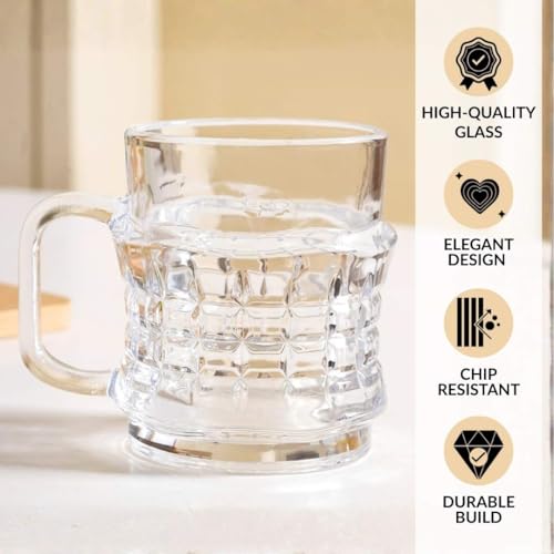 Image of Nestasia Transparent Glass Tea Cups Set of 6 (165ml Each) - Dishwasher Safe & 100% Food Safe Coffee Cups with Handle for Coffee, Tea, Hot & Cold Beverages | Geometric Embossed Design