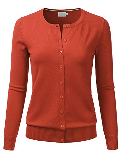 LALABEE Women's Crewneck Long Sleeve Button Down Knit Cardigan Sweater Rust S