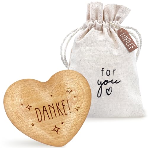 LOViLEE Grazie, portafortuna in legno, a forma di cuore in legno, con sacchetto regalo e set di biglietti di auguri, regalo di ringraziamento, piccolo, ringraziamento