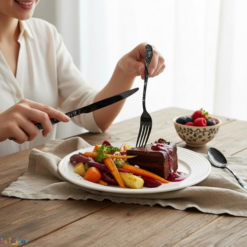 Image of Floral Black 5 Pcs Stainless Steel Cutlery Set for Dining Table, Dishwasher Safe Glossy Flatware (1 Spoon Set+1 Forks Set+1 Butter Knife+1 Dessert Spoon+ 1 FruitFork)