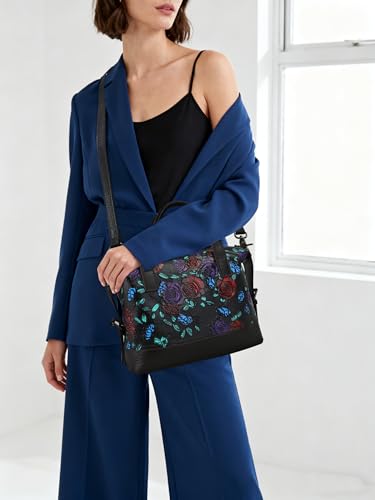 Purse and Handbags for Women Leather Shoulder Tote Handle Medium Satchel Vintage Embossing Rose (Colorful)2