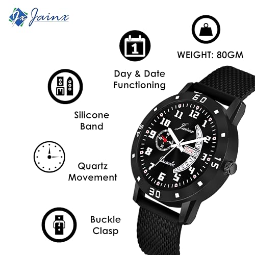 Image of jainx Silicone Strap Day and Date Feature Analog Wrist Watch for Men & Boys (Black /Blue /Radium Color Dial)