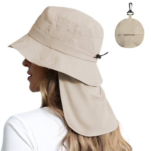 Royal Matrix Packable Bucket Hat For Women With Neck Flap Uv Protection Sun Hat Waterproof Wide Brim Fishing Hat Beige cover