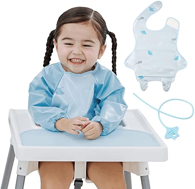 Papas Idea - Manta Coverall Baby Feeding Bib, Long & Short Sleeve Weaning Bib with Combinable Mat, Magic Pocket Catchs All