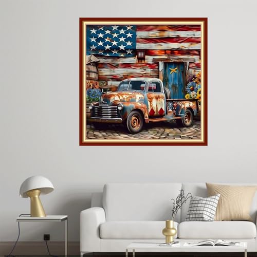 Image of Joyhoor Cross Stitch Kits for Beginners Stamped Cross-Stitch Supplies Needlework preprint Embroidery Kits for Adults DIY Needlepoint Kit Embroidery Patterns 11CT- Front Flag Car 18x18 inch