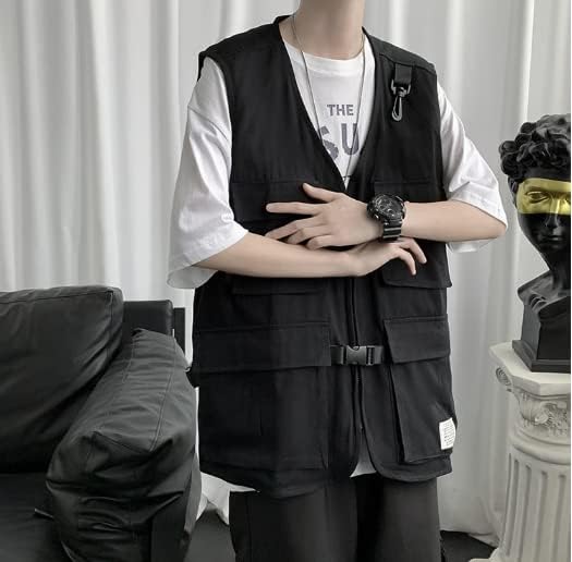 Miniatura 4 de Aoleaky Chaleco de herramientas para hombre,Chaleco de carga Streetwear,Chaqueta sin mangas Hip Hop,Chaqueta militar con múltiples bolsillos para