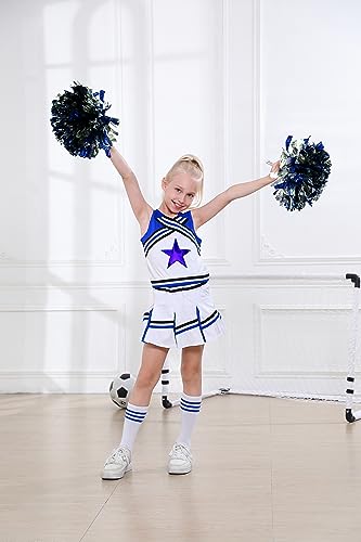 LOLANTA Girls' Cheerleading Costumes with Pompoms and Socks, Kids Halloween Fancy Dress Up, Cheerleader Outfit, Blue, 4-5 Years, 110 - Image 2