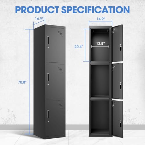 Image of DNA Motoring Metal Storage Cabinet for Employees with Keys, 71 inch Employees Metal Locker with 3 Doors, Tall Storage Lockers for Garage,Office,Home,Gym, Black, TOOLS-00789-BK-BK
