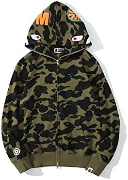 Camouflage shark jacket men's fall and winter cardigan zipper embroidery hooded sweater large size couple models (US, Alpha, 3X-Large, Regular, Regular, Army Green)