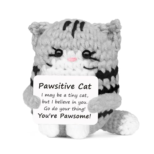 RYOTKIK Positive Crochet Cat Mini Animal Emotional Cheer Up Support Gifts, Funny Crochet Mini Handmade Cat for Women Men Friends Mom Daughter Son Teen Birthday Mothers Day Decor Graduation Gifts