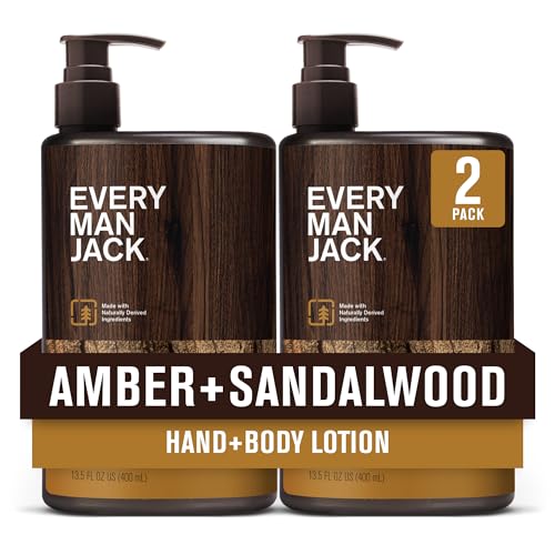Every Man Jack Mens Amber + Sandalwood Hand & Body Lotion for All Skin Types - Dermatologist Tested & Hypoallergenic - Nourish Skin with Lightweight Fast Absorbing Lotion - 13.5oz 2 Bottles