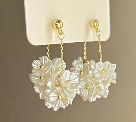 Flower Drop Earrings, Gold Chain Dangle,White Floral Cluster - Image 4