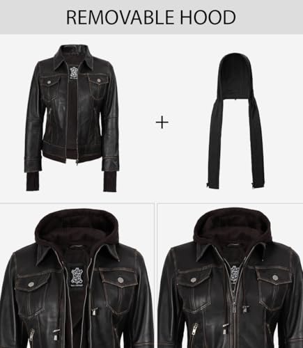Image of Womens Leather Jacket with Detachable Hood - Real Lambskin Bomber Jacket Thumbholes Women