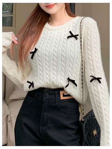 Image of BEAUDRM Women's Bow Decor Cable Knit Sweaters Crew Neck Long Sleeve Pullover Tops White Large