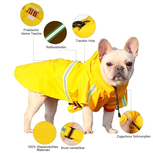 Hunderegenmantel Verstellbarer Leichter Hundemackintosh Hunderegenmantel Wasserdicht Mit Kapuze und Reflektierenden Streifen für kleine Mittlere und Große Hunde für Spaziergänge im Freien (Gelb, S)