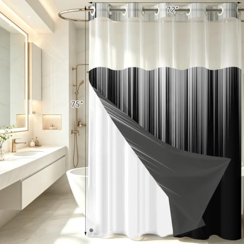 Image of AAtter No Hook Shower Curtain Set, Black White Snap-in Liner, 72x75 Inch