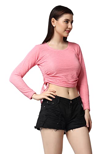Image of POPWINGS Casual Self Design Regular Fit Polyester Full Sleeves Crop Tops for Women with Crush String