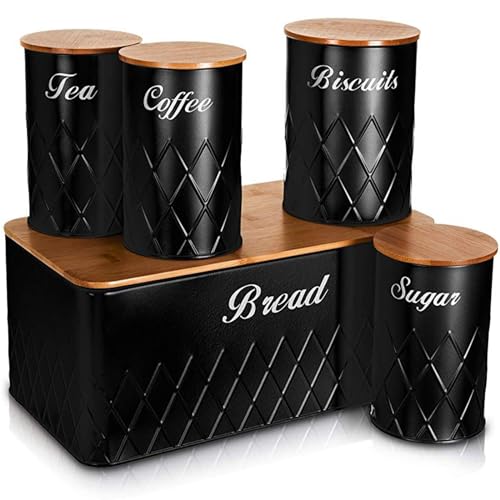 NTEK 5pc Kitchen Storage Bamboo Lid Set Includes Tea, Coffee