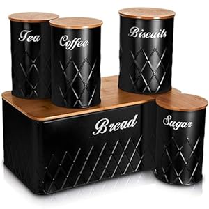 NTEK 5pc Kitchen Storage Bamboo Lid Set Includes Tea, Coffee, Sugar, Bread and Biscuit Barrel Canister Jar & Stylish Bread Bin – Diamond Embossed Design Matt Finish (BLACK)
