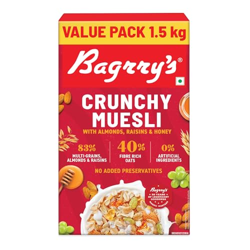 Image of Bagrry's Crunchy Muesli - 1.5kg | 83% Multigrain, Brans, Almonds, Raisins & Honey | 40% Fibre Rich Oats | High Fibre and Protein Breakfast Cereal | No Added Preservatives | Non-GMO Oats | 100% Natural | Trans Fat & Cholesterol Free