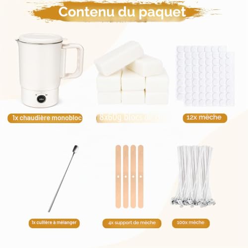 KEARLGMBH Kit de Fabrication de Bougies DIY, Kit Bougie a Faire Soi Meme Adulte,Débutants Adultes Avec 8 * 60g de Cubes de Cire Blanc, 100Mèches, Papier Magique, Bougie – vue 3