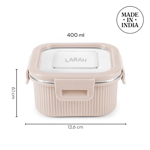 Image of Larah by BOROSIL Freshbyte Food Storage Container with Airtight Stainless Steel Lid | Fridge Container for Lunchbox | Food Grade | Microwave Safe (Beige, 400 ml, Square)