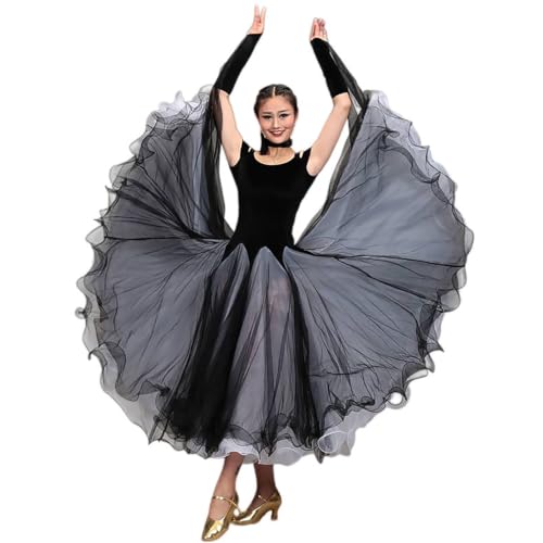 Tenue de danse de salon adulte en velours noir col bardot et jupe tulle fluide