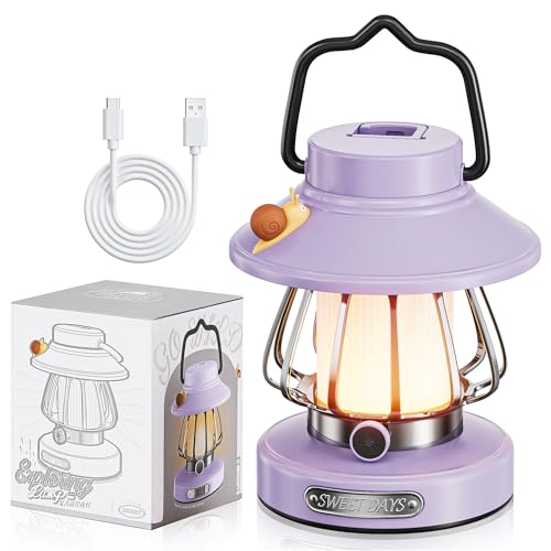 V.C Retro Snail Kids Lantern - Premium Violet USB Rechargeable Camping Light, 3-Color Dimmable LED Night Light with Tent Hook, Outdoor Indoor Safe for Bedroom/Gifts (Kids Camping Essentials)