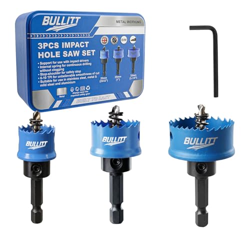 BULLITT Impact Hole Saw Set 20 25 32MM 3PCS M42 HSS Bi-Metal Hex Shank Impact Hole Cutter Set Perfect for Drilling Thin Metal Stainless Steel Mild Steel and Aluminium