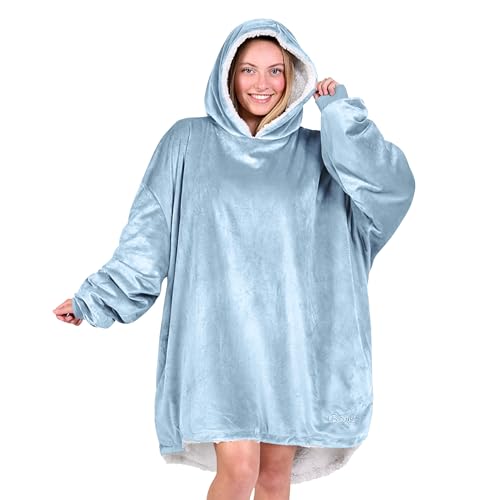 Bare Home Sherpa Fleece Wearable Blanket - Oversized Wearable Blanket Hoodie - Adult Size - Warm & Cozy - Soft Blanket - Comfortable Blanket Sweatshirt with Two Zipper Pockets (Adult, Light Blue)