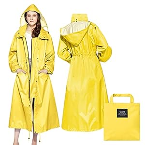 LAMA Stijlvolle lange regenjas, uniseks, regenponcho met waterdichte klepzak, capuchon, trekkoord, regenkleding, regencape, regenjas, voor volwassen dames en heren, geel, One Size