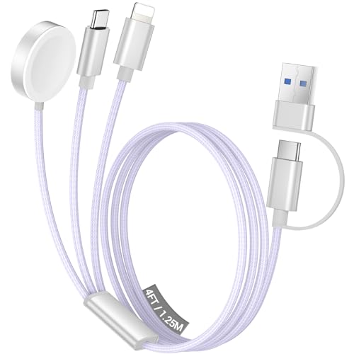 Temdan for Apple Watch Charger,3 in 2 USB C Cable for iPhone 16 Charger/Type C/Lightning,Multi Charging Cable Cord,Portable Travel Essentials Designed for iWatch Ultra/SE/10-1&iPhone 16-12-4FT Purple