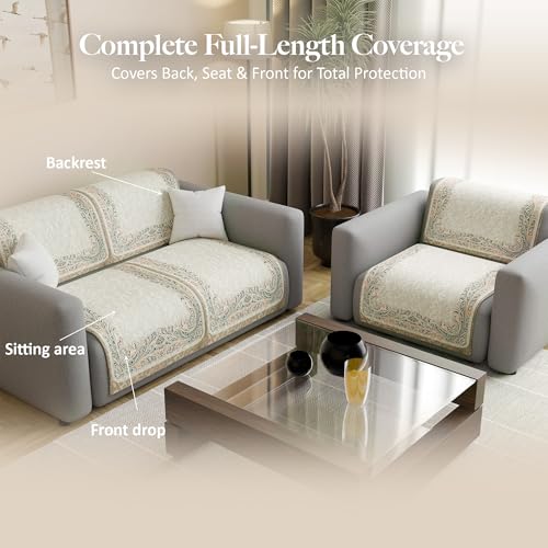 Image of Kuber Industries 2+1 Seater Sofa Cover | Velvet Slipcover for Living Room | Thick & Cozy | Non-Slip Comfort Sofa Cover Set | Digital Painting Juliet 1186 - Beige & Green