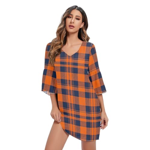 Robe trapèze en mousseline de soie orange et bleu marine pour femme à col en V