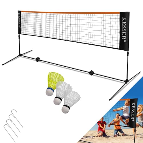 KESSER® Badmintonnetz Tennisnetz | 300cm | Federballnetz 3-Fach-Höhenverstellbar 107/120/155cm, Set bestehend aus Netz, 3x Federball, Transporttasche, stabilem Eisen-Gestell, Indoor & Outdoor, Schwarz