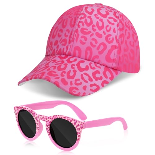 Image of Girls Baseball Cap Sunglasses Set, Leopard Print Trucker Hat with Kids Sunglasses, Adjustable Sun Hat Cute Toddler Cap for Girls Ages 3-10, Summer Accessories for Outdoor Travel Beach