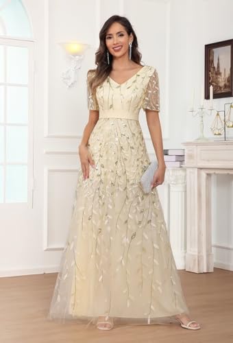 Sparkly Sequin Mother of The Bride Dresses for Wedding V Neck Short Sleeve Formal Evening Dress4