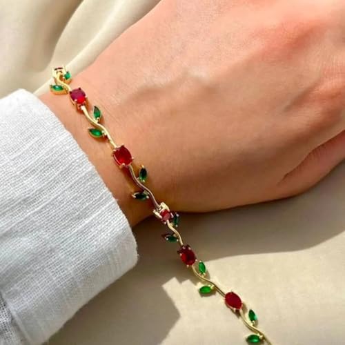 Image of Fairy Bloom Floral Tulip Bracelet With Red Green Crystal Stones For Girls & Women | Elegant Anti Tarnish Golden Chain Link Floral Branches Bracelet | Lightweight Jewellery For Daily Wear & Gifts