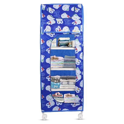 Image of OYO BABY Kids Wardrobe for Storage 5 Shelves | Heavy Duty Plastic Almirah for Baby Clothes, Toys & Books Rack | Compact Storage Organizer for Nursery /Bedroom [Cartoon Printed - Blue]