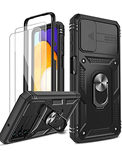 LeYi Hülle für Samsung Galaxy A13 5G/A04S Kameraschutz Handyhülle&2*Hartglas Schutzfolie,Hybrid Kamera Schiebeabdeckung Schutzhülle Militär Standard Cover Case Metall Ring Ständer Handy Hüllen Schwarz Cover