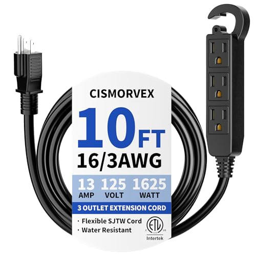 10 Ft 3 Outlet Outdoor Extension Cord Waterproof Grounded Extension Cord with Multiple Outlets 16/3 AWG 3 Prong Power Strip for Garden Patio Camping 13A 125V 1625W ETL Listed Black