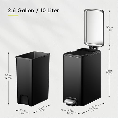 EKO Small Bathroom Trash Can with Lid Soft Close, Step Pedal, 10 Liter / 2.6 Gallon Stainless Steel Garbage Can with Removable Inner Bucket, Anti-Fingerprint Finish (Matte Black) by EKO - Used condition - Image 2