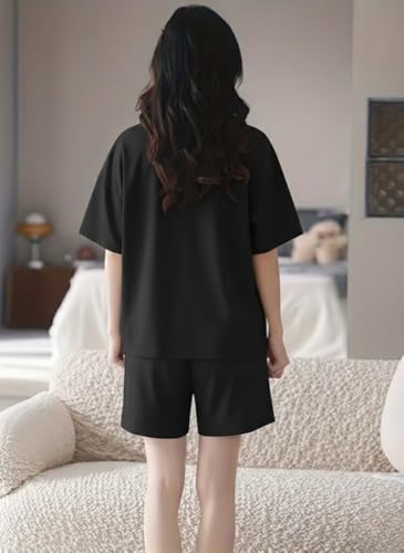 Image of Women Korean Cotton Blend Night Suit | Printed Shorts Sleepwear Set | Short Night Dress Set for Women | Soft Printed T-Shirt & Shorts Pajama Set | Comfortable Summer Nightwear for Ladies & Girls