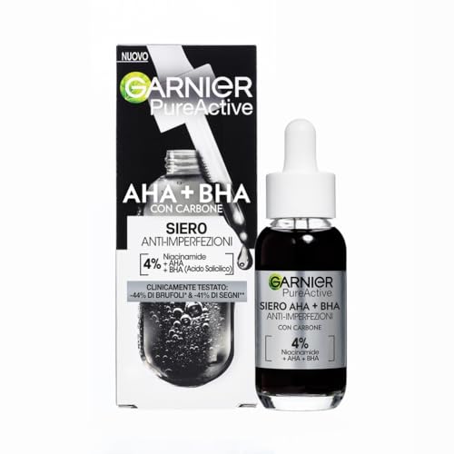 Garnier Sérum anti-imperfections, pour peaux grasses, impures et mixtes, neutralise les points noirs et les boutons, formule végétalienne* à 4% [Niacinamide + AHA + BHA], sérum pur actif AHA+BHA au charbon, 30 ml
