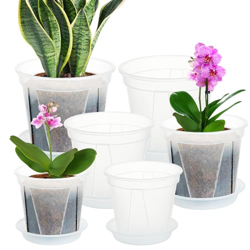 IWTTWY 6 Stück Kunststoff Blumentopf mit Untersetzer, 12/15/18cm Transparenter Orchideentopf, Plastik Übertopf Kräutertopf mit Mehrere Ablauflöchern, Rund Pflanzkübel für Innen (Transparent)