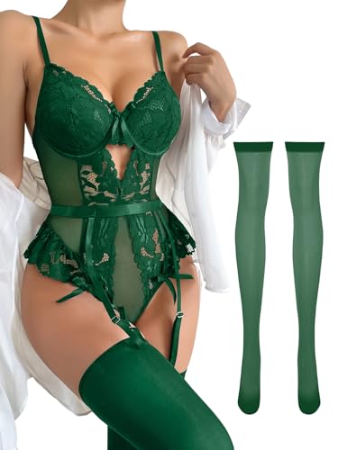 Image of Lilosy Sexy Stocking Lace Mesh Bodysuit Top Underwire Garter Lingerie Set 3 Piece
