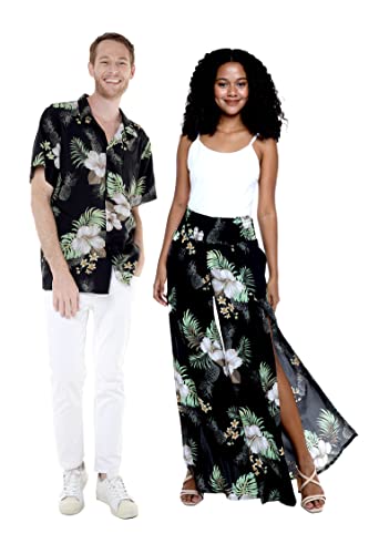 Matchable Couple Hawaiian Luau Shirt or Wide Legged Pants in Pineapple Garden Black